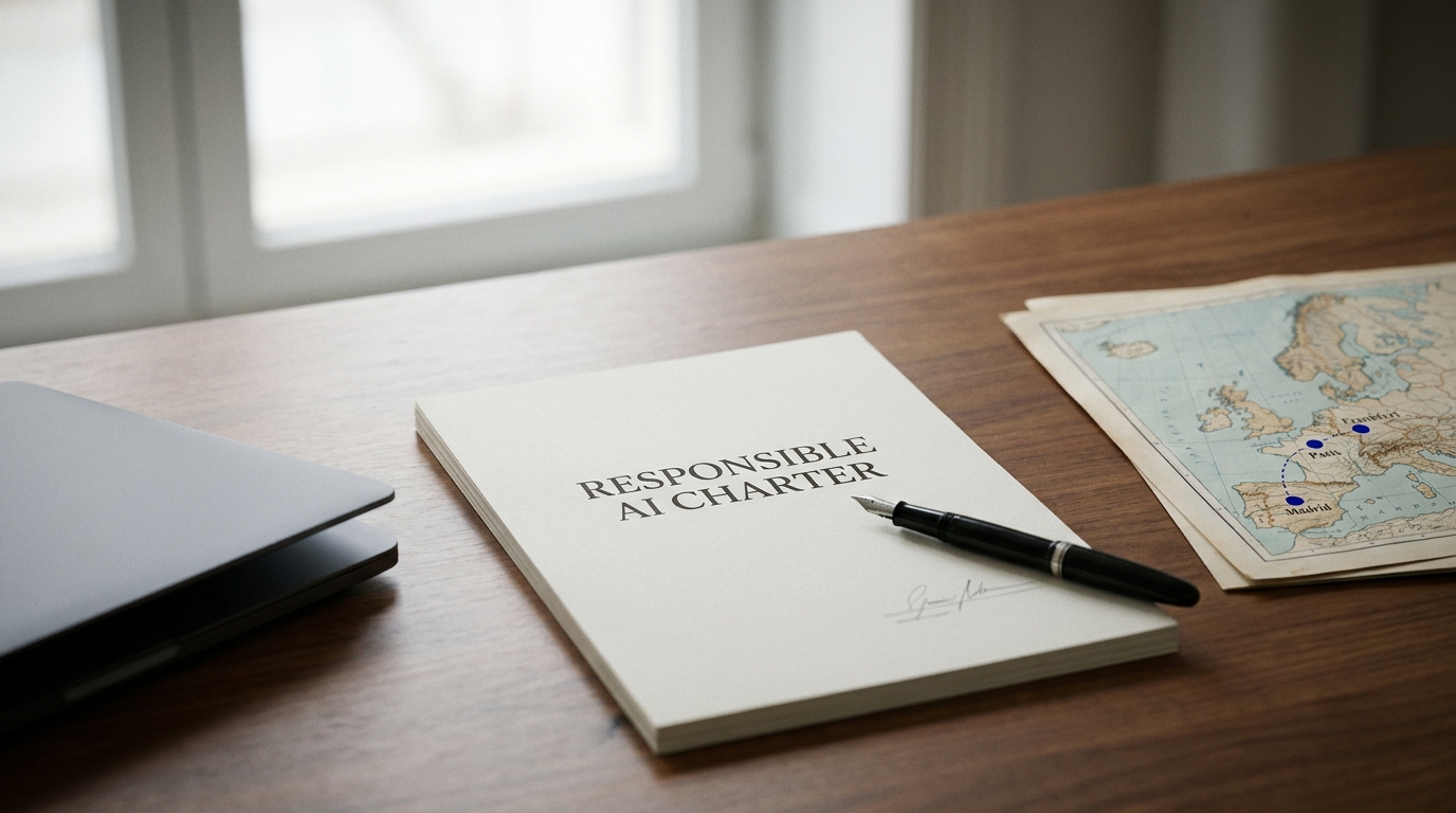 A procurement contract on a desk next to a laptop showing AI vendor trust pages, signalling the shift from comms to product