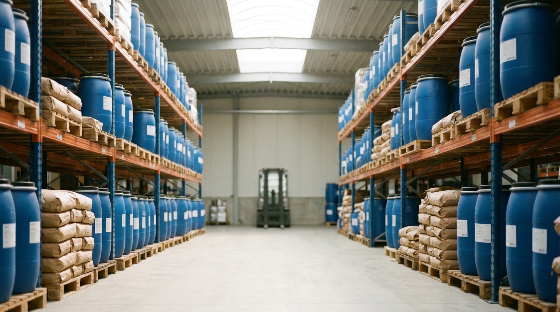 Warehouse aisle with labelled chemical drums and sacks on pallets, a forklift in the background