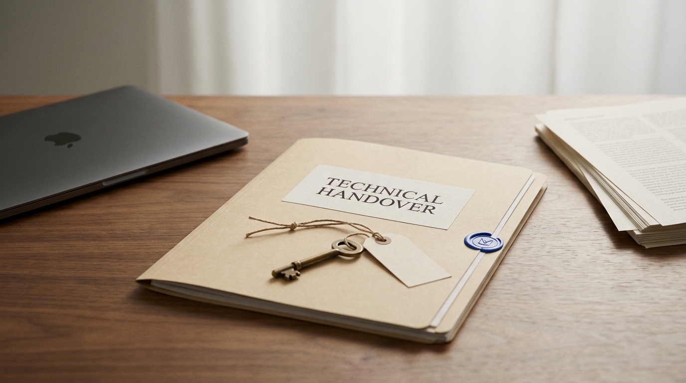 A folder labelled Technical Handover with a brass key resting on top, on a walnut desk, standing in for vendor continuity and software succession planning