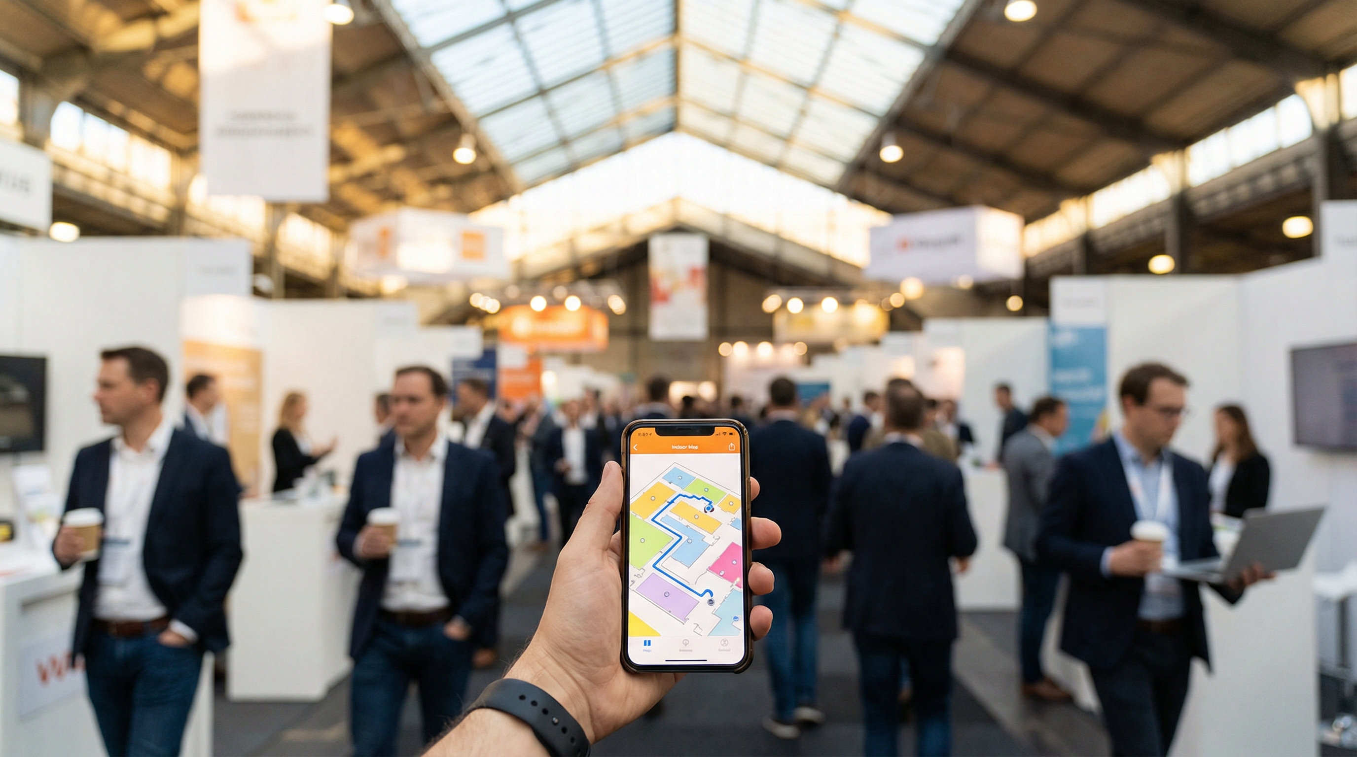 Route planner app showing optimized path across trade show floor plan