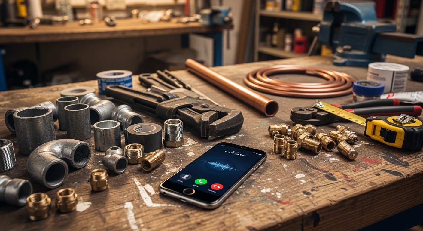 Smartphone ringing on a plumber's workbench surrounded by copper pipes and fittings
