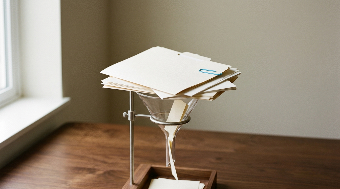 A glass laboratory funnel on a walnut desk with a stack of paper folders piled above its narrow neck, a metaphor for the one bottleneck that slows a business down