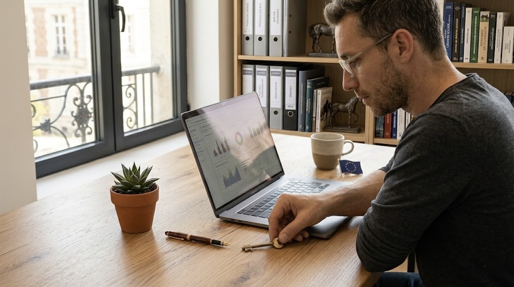 European professional reviewing AI data sovereignty architecture on laptop