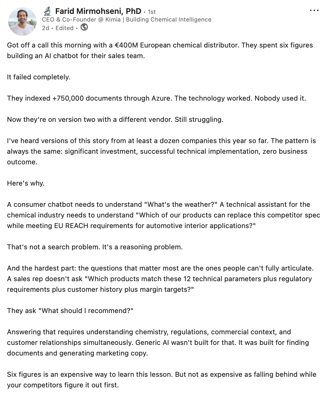 Farid Mirmohseni's LinkedIn post about a €400M chemical distributor that spent six figures on an AI chatbot nobody used