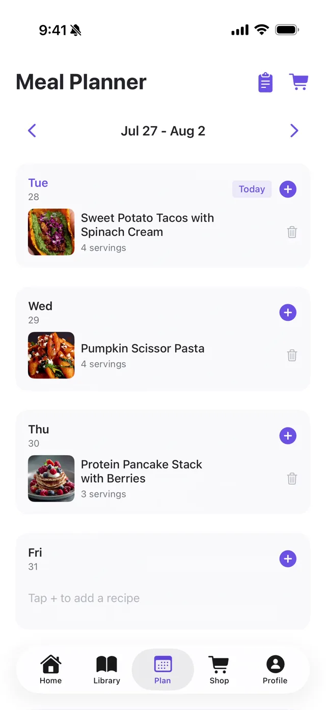 PlanPlate meal planner with recipes assigned to days of the week