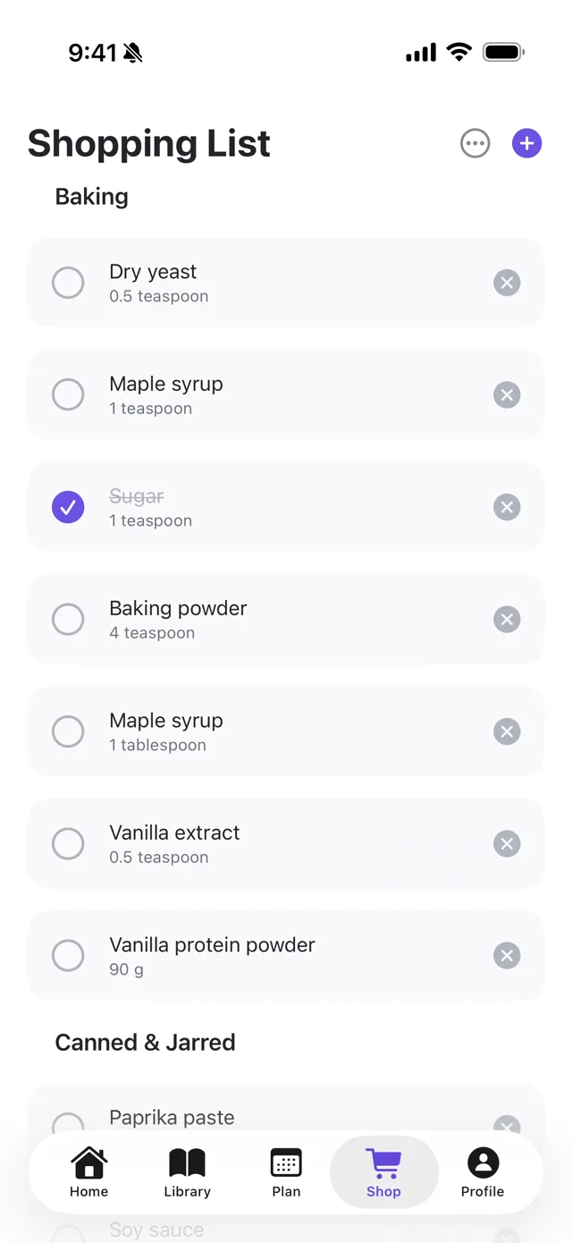 PlanPlate shopping list grouped by category with checked items
