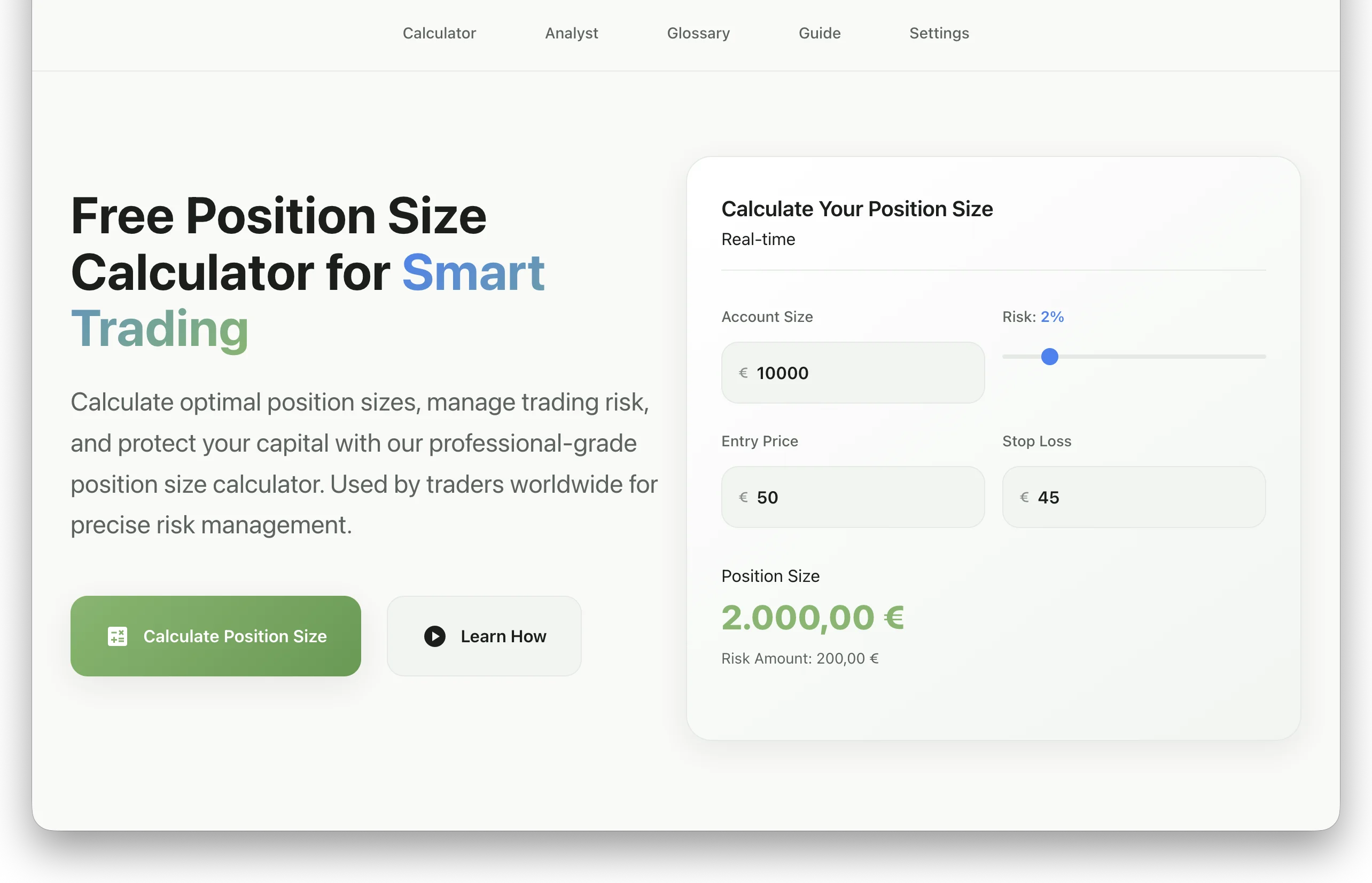 Axiomly trading calculator showing a position size calculation on desktop and mobile